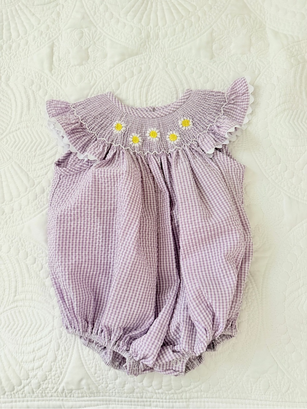 Lilac Gingham Smocked Baby Dress with Daisy Embroidery
